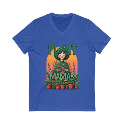 Blue V-neck t-shirt featuring Plant Mama design for plant enthusiasts