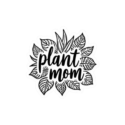 Black and white Plant Mom design featured on a stylish leaf sticker for plant lovers