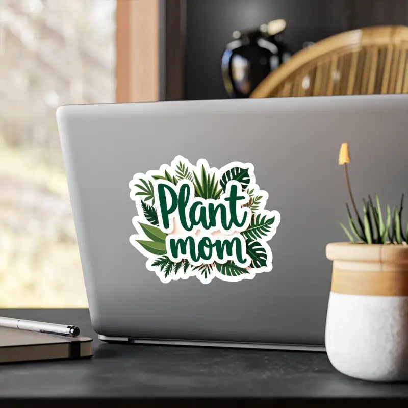 Laptop sticker featuring Plant Mom text and tropical foliage for home decor