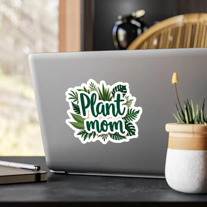 Laptop sticker featuring Plant Mom text and tropical foliage for home decor