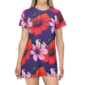 Purple Floral Patterned T Shirt Dress for Effortless Summer Style - Ocean State Styles
