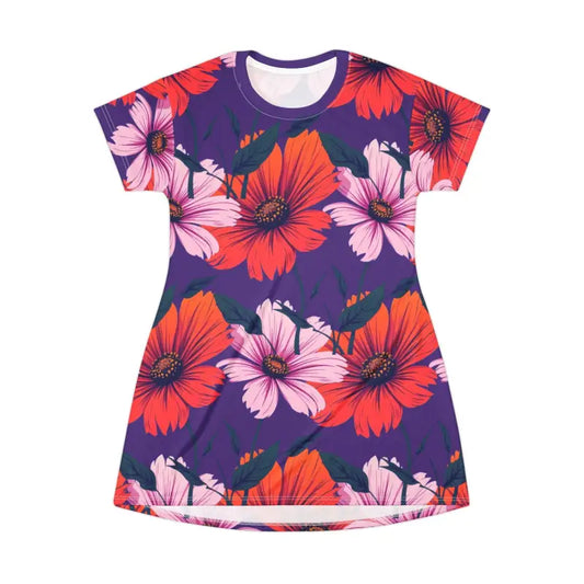Purple Floral Patterned T Shirt Dress for Effortless Summer Style - Ocean State Styles