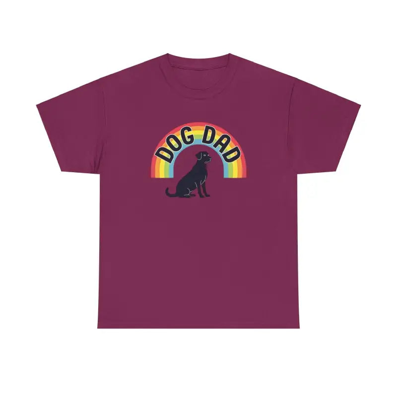 Maroon T-shirt featuring a dog dad rainbow graphic for pet parents