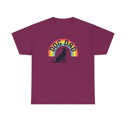 Maroon T-shirt featuring a dog dad rainbow graphic for pet parents