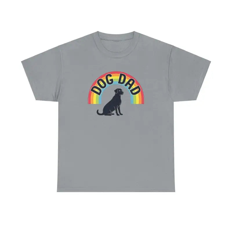 Gray t-shirt featuring Dog Dad rainbow graphic for pet parents’ casual wear