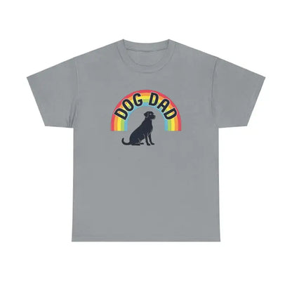 Gray t-shirt featuring Dog Dad rainbow graphic for pet parents’ casual wear