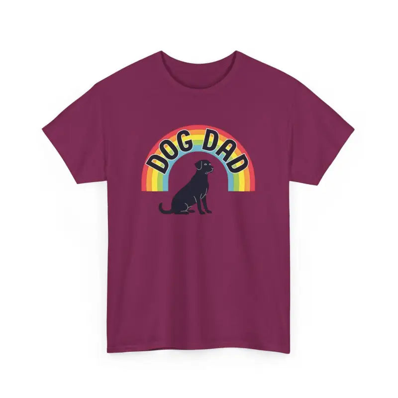 Maroon t-shirt featuring Dog Dad rainbow graphic for pet parents