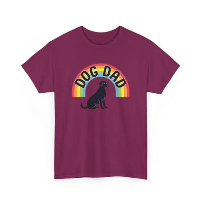 Maroon t-shirt featuring Dog Dad rainbow graphic for pet parents