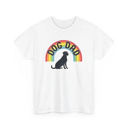 White t-shirt featuring a dog dad graphic in the Rainbow Dog Dad Tee design