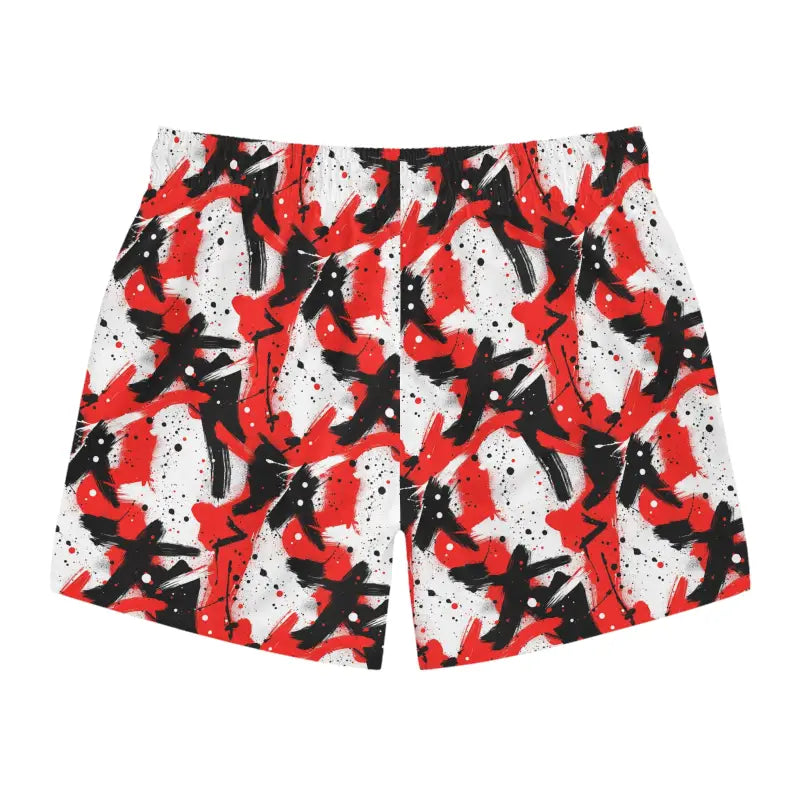 Stylish Splash Swim Trunks featuring a vibrant red, black, and white patterned design