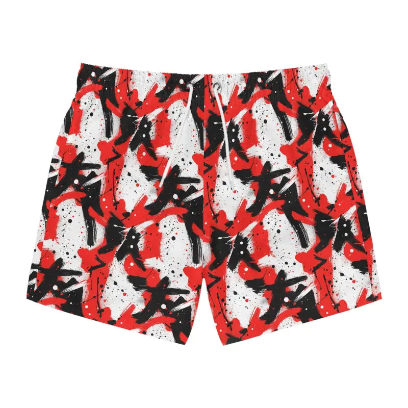 Stylish Splash Swim Trunks featuring a vibrant red, black, and white pattern