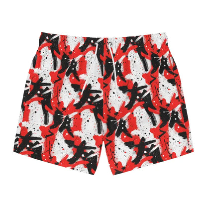 Stylish Splash Swim Trunks featuring a vibrant red, black, and white pattern