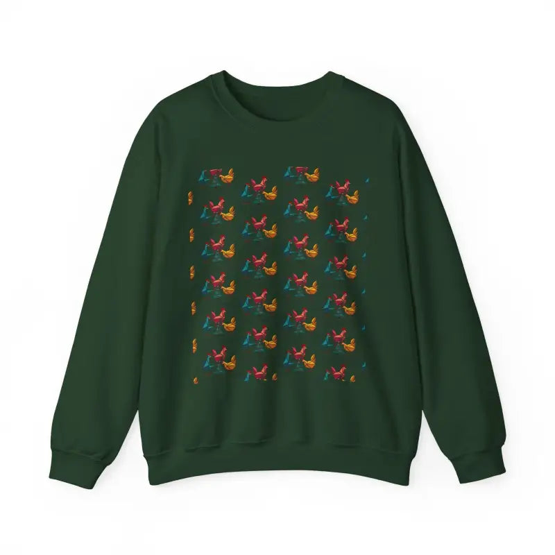 Green sweatshirt featuring a vibrant bird pattern, ideal for casual wear