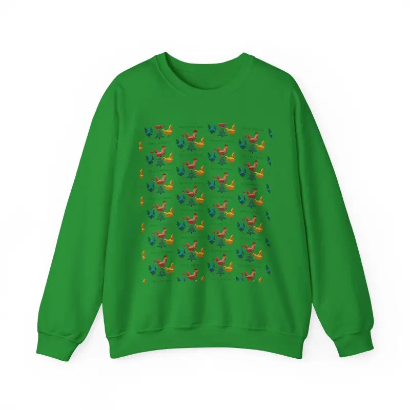 Green sweatshirt featuring a whimsical bird pattern for stylish casual wear