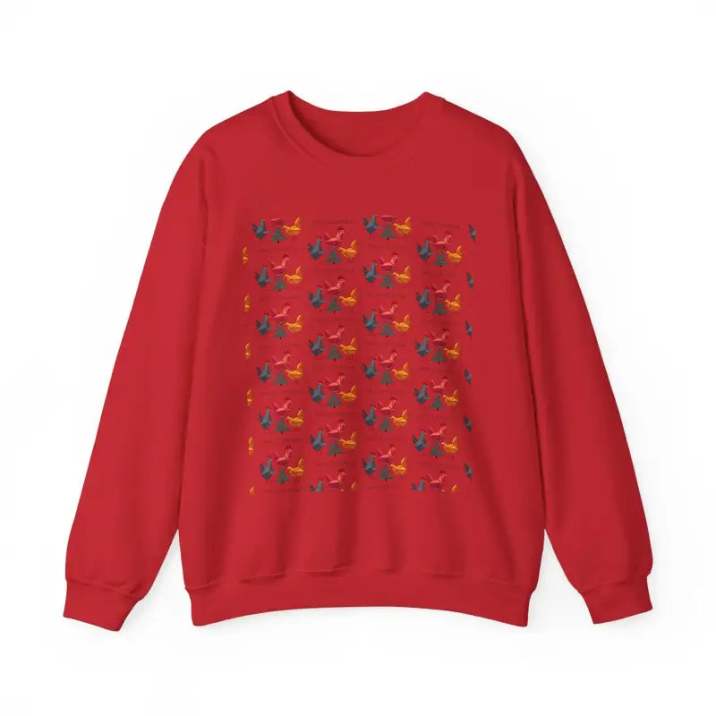Red Crewneck Sweatshirt featuring vibrant bird patterns and whimsical witch hat design
