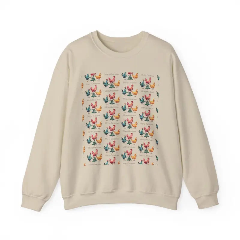 Beige sweatshirt featuring whimsical chicken patterns, ideal for casual wear