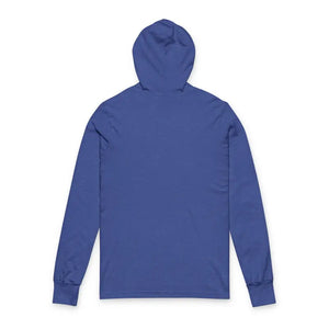 Men’s long-sleeved solid blue hooded T-shirt from Retro Wave Long Sleeve Hooded Apparel
