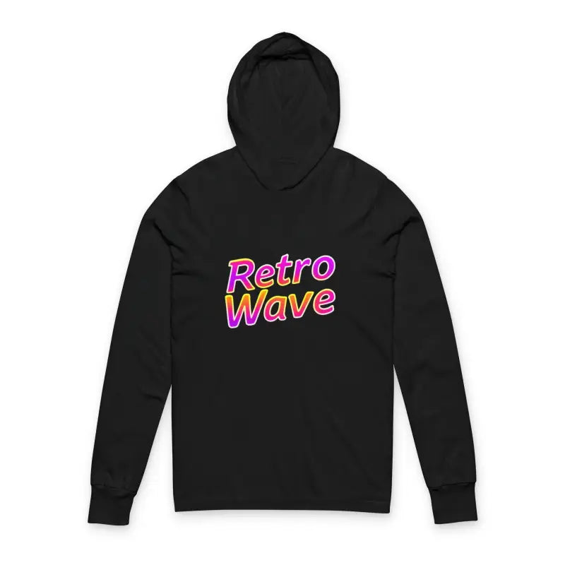 Black long-sleeved hooded T-shirt with Retro Wave text from Retro Wave Long Sleeve Hooded Apparel