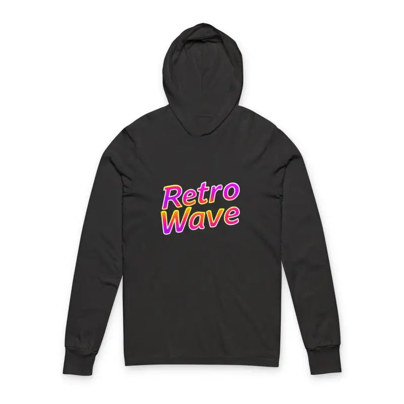 Black long-sleeved hooded sweatshirt with Retro Wave text for Retro Wave Long Sleeve Hooded Apparel