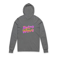 Gray hoodie featuring Retro Wave in pink and yellow text, part of Retro Wave Long Sleeve Hooded Apparel