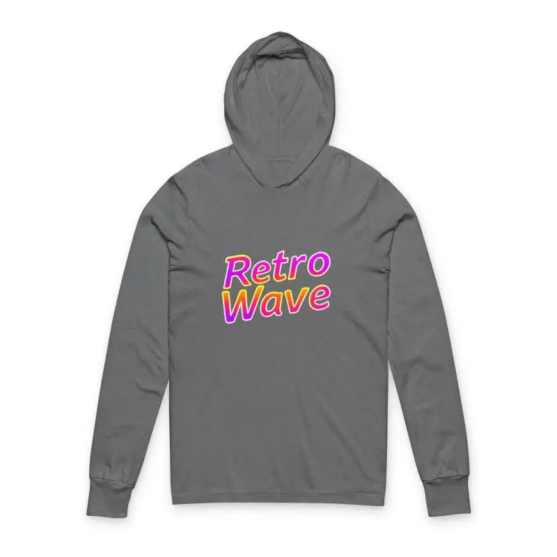 Gray hoodie featuring Retro Wave in pink and yellow text, part of Retro Wave Long Sleeve Hooded Apparel