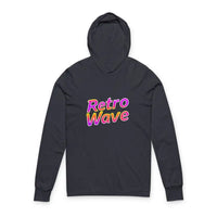 Dark gray hooded long-sleeved shirt with Retro Wave text from Retro Wave Long Sleeve Hooded Apparel