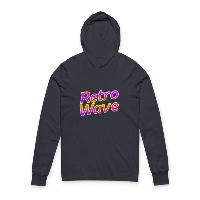 Dark gray hooded long-sleeved shirt with Retro Wave text from Retro Wave Long Sleeve Hooded Apparel