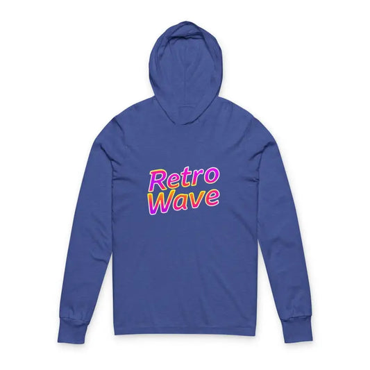 Navy blue hooded long-sleeve T-shirt with Retro Wave text displayed in Retro Wave Long Sleeve Hooded Apparel