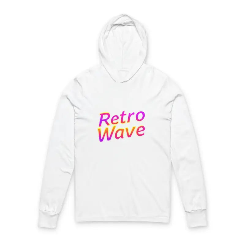 White long-sleeved hooded sweatshirt with Retro Wave text from Retro Wave Long Sleeve Hooded Apparel