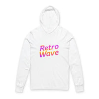 White long-sleeved hooded sweatshirt with Retro Wave text from Retro Wave Long Sleeve Hooded Apparel