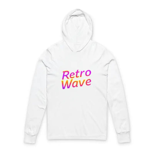 Navy blue hooded long-sleeve T-shirt with Retro Wave text displayed in Retro Wave Long Sleeve Hooded Apparel