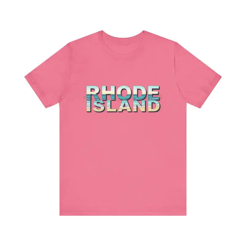Pink t-shirt featuring Rhode Island text, ideal for beach vibes and casual wear