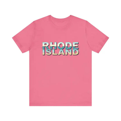 Pink t-shirt featuring Rhode Island text, ideal for beach vibes and casual wear