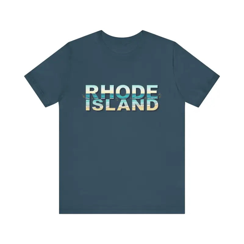 Blue t-shirt with Rhode Island text from Rhode Island Beach Vibes Unisex Tee Shirt