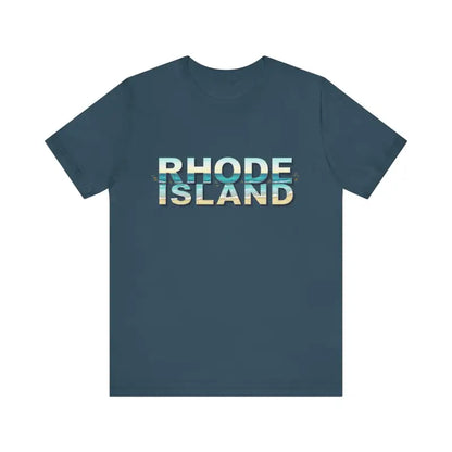 Blue t-shirt with Rhode Island text from Rhode Island Beach Vibes Unisex Tee Shirt