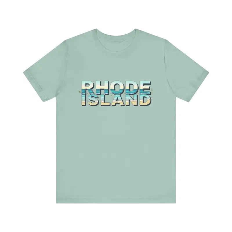 Seafoam green Rhode Island Beach Vibes Unisex T-Shirt displayed on a neutral background