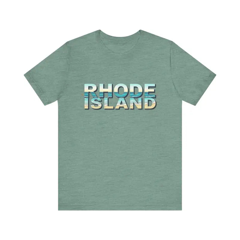 Seafoam green Rhode Island Beach Vibes Unisex Tee Shirt displayed on a white background