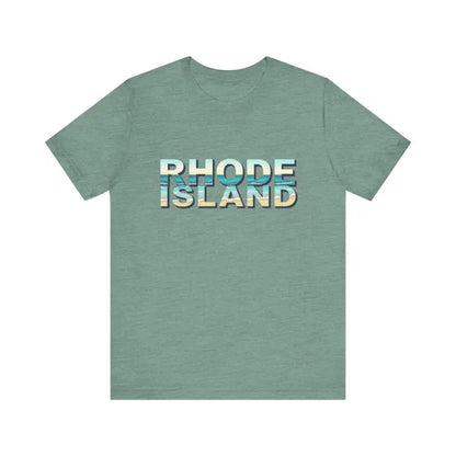 Seafoam green Rhode Island Beach Vibes Unisex Tee Shirt displayed on a white background