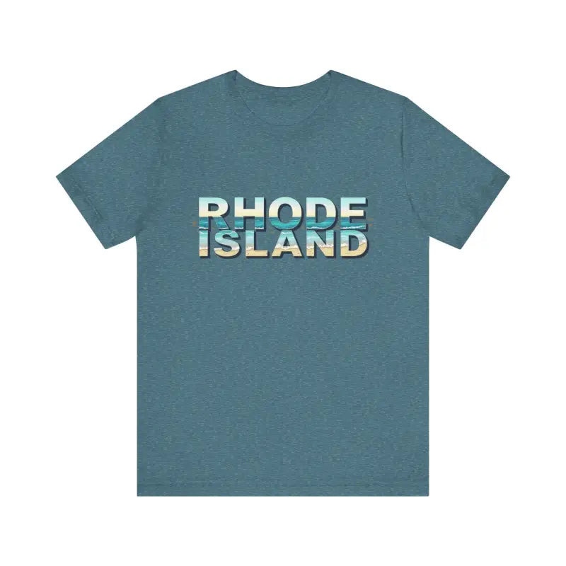 Blue t-shirt featuring Rhode Island text from the Rhode Island Beach Vibes Unisex Tee Shirt