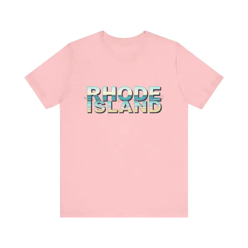 Pink Rhode Island Beach Vibes Unisex Tee Shirt featuring bold text design