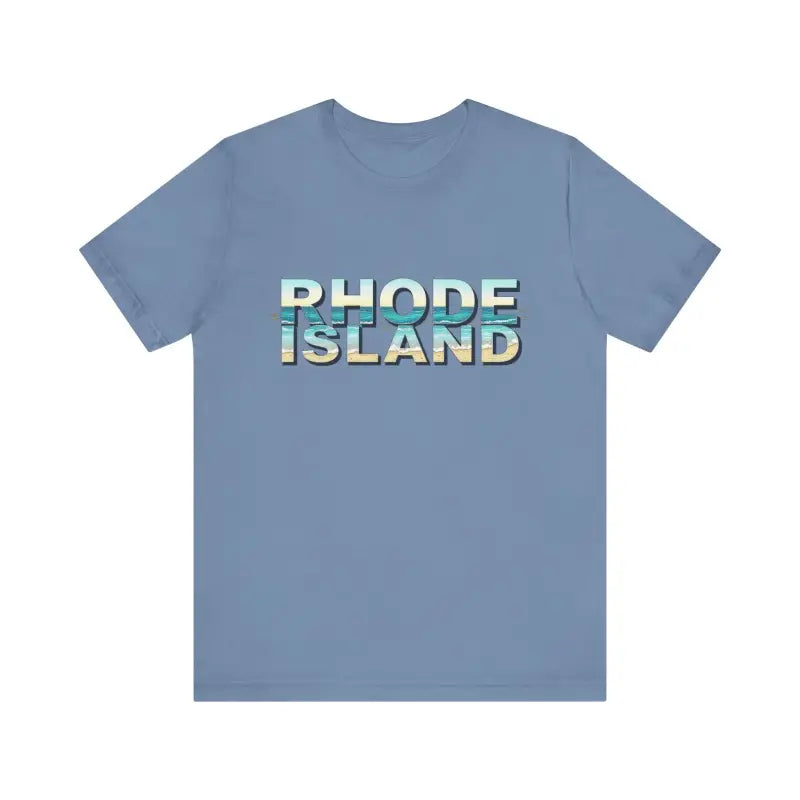 Blue Rhode Island Beach Vibes Unisex Tee Shirt featuring bold text design