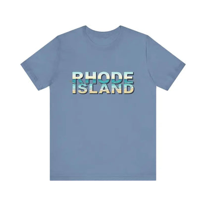 Blue Rhode Island Beach Vibes Unisex Tee Shirt featuring bold text design