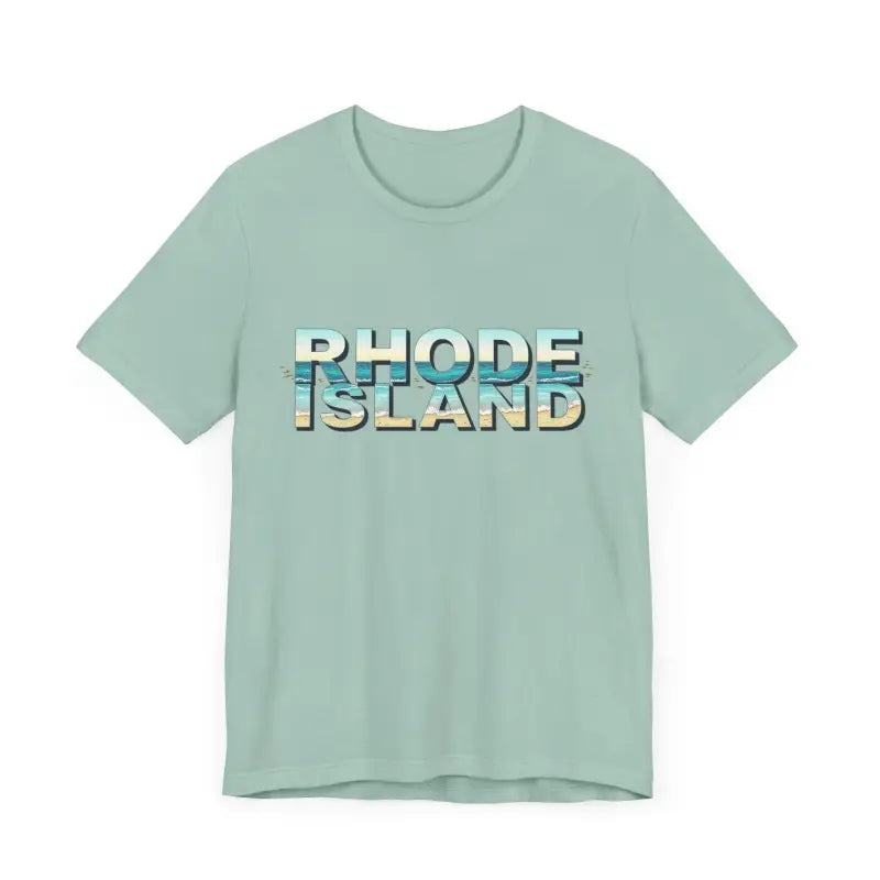 Light green Rhode Island Beach Vibes unisex tee shirt with text design