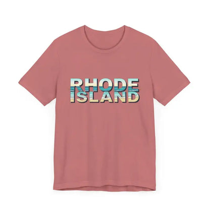 Pink Rhode Island Beach Vibes Unisex Tee Shirt with bold text design
