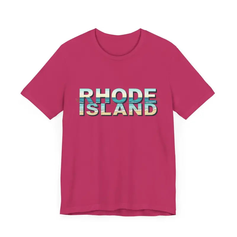 Pink t-shirt featuring Rhode Island text from the Rhode Island Beach Vibes Unisex Tee Shirt