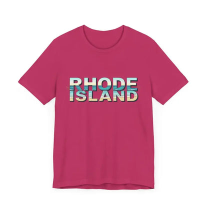 Pink t-shirt featuring Rhode Island text from the Rhode Island Beach Vibes Unisex Tee Shirt
