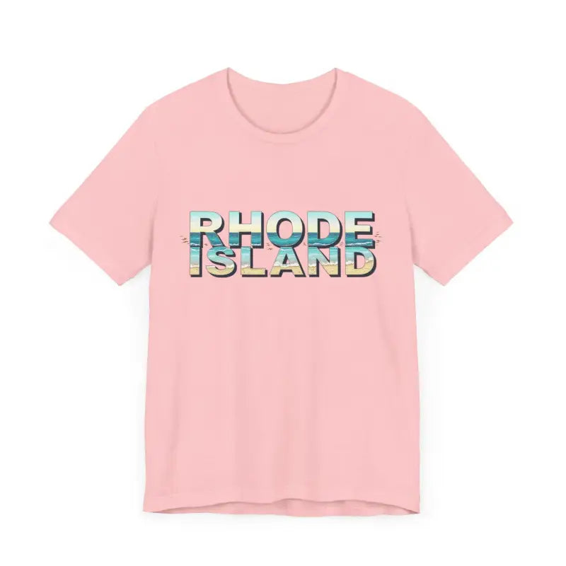 Pink Rhode Island Beach Vibes Unisex Tee Shirt with vibrant graphic text