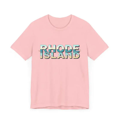 Pink Rhode Island Beach Vibes Unisex Tee Shirt with vibrant graphic text