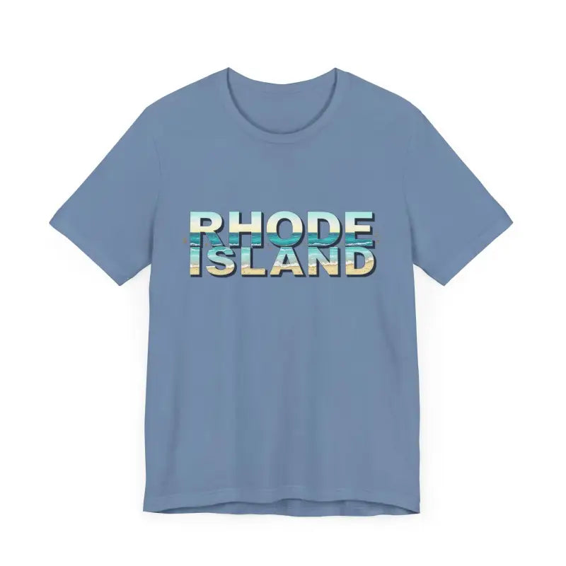 Blue t-shirt featuring Rhode Island text from the Rhode Island Beach Vibes Unisex Tee Shirt