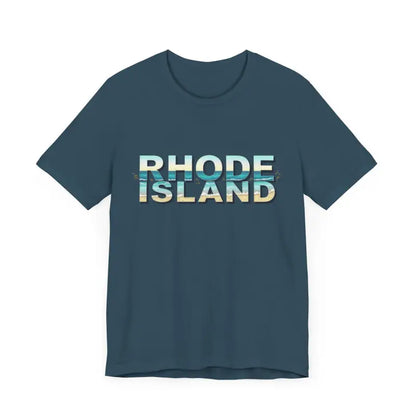 Blue Rhode Island Beach Vibes Unisex Tee Shirt featuring bold text design